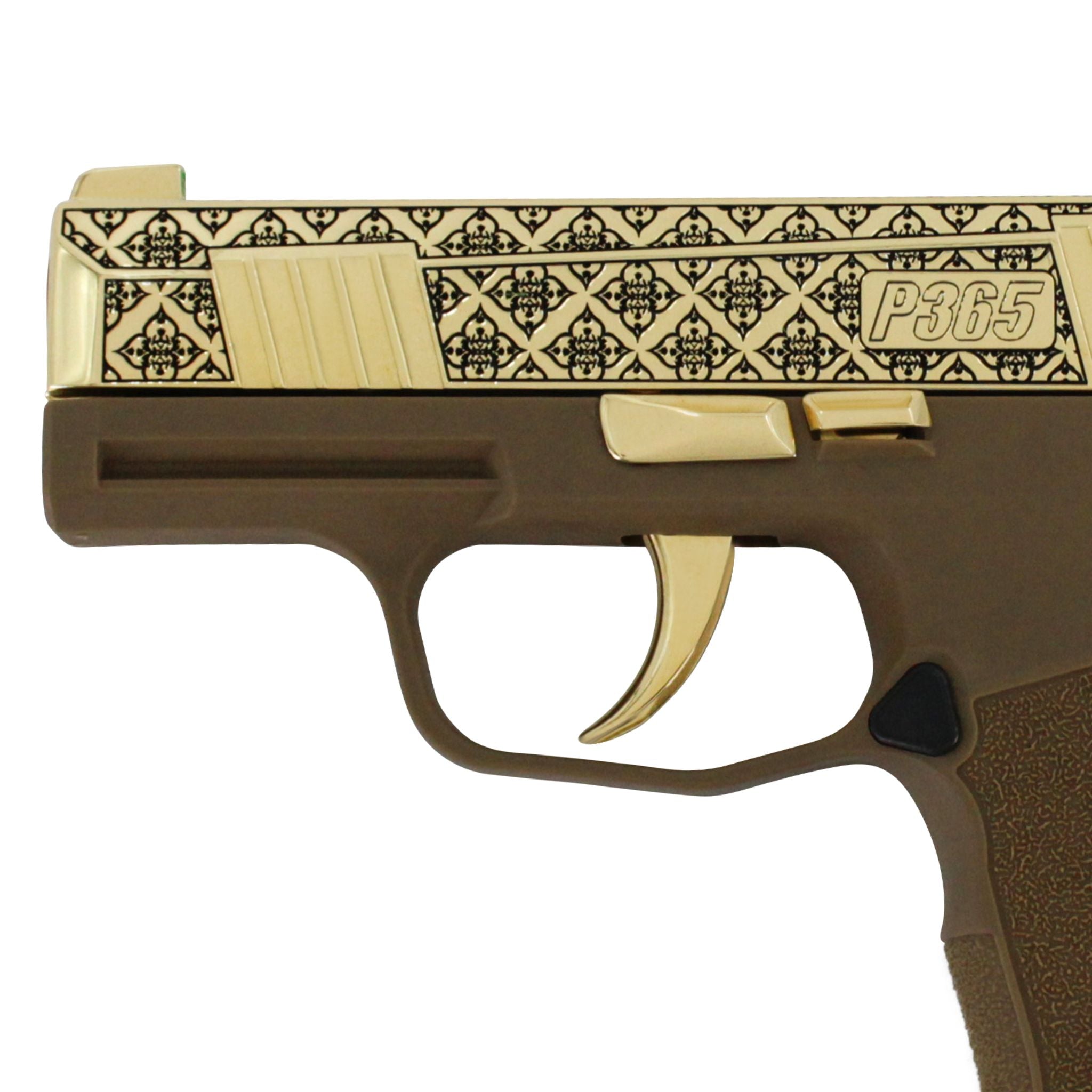 Sig Sauer P365, 9MM, Coyote Arabesque Design, 24K Gold Slide and Accents, SKU: 6697942548582, 24 karat gold gun, 24 Karat Gold Firearm
