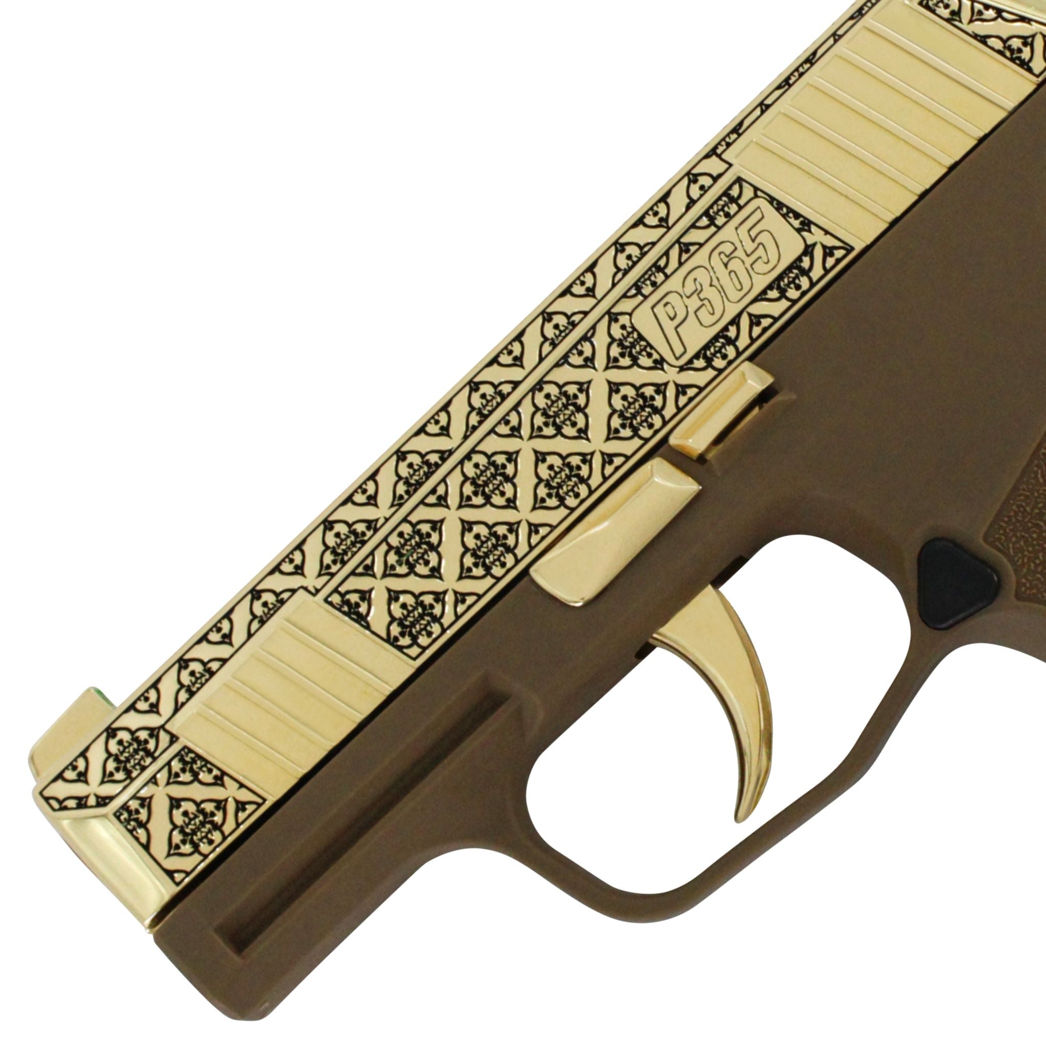 Sig Sauer P365, 9MM, Coyote Arabesque Design, 24K Gold Slide and Accents, SKU: 6697942548582, 24 karat gold gun, 24 Karat Gold Firearm