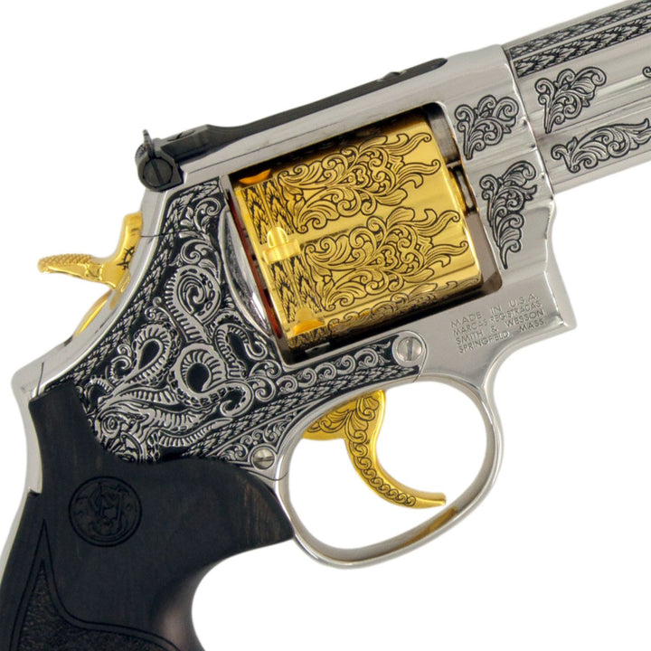 Smith & Wesson The Captain 686 Plus Engraved In High Polish Stainless Steel with 24 karat Gold Accents SKU: 6966492069990, Gold Gun, Gold Firearm, Gold Revolver 