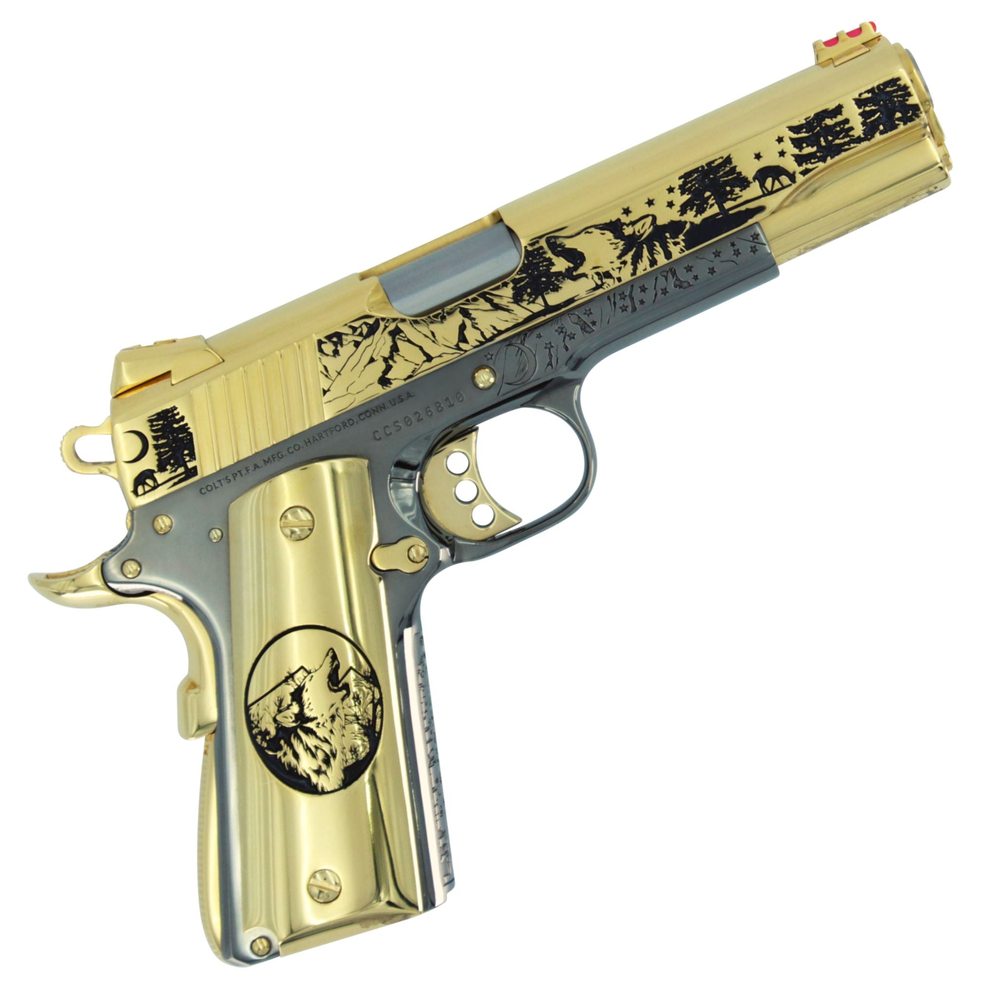 Colt 1911 Competition, 45ACP, Spirit of the Wolf, 24K Gold Plated Slide With a Black Chrome Frame, SKU: 4903288045670, 24 karat gold gun, 24 Karat Gold Firearm