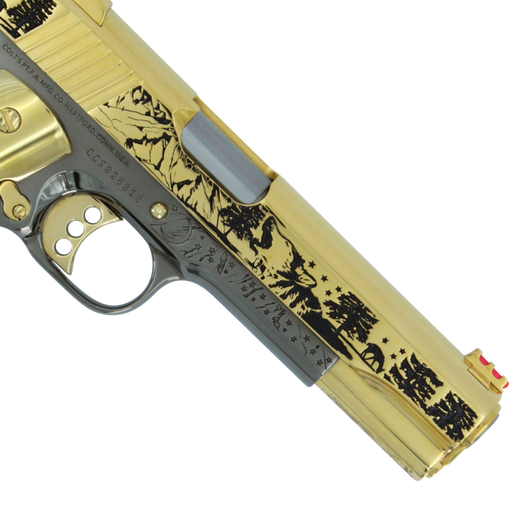 Colt 1911 Competition, 45ACP, Spirit of the Wolf, 24K Gold Plated Slide With a Black Chrome Frame, SKU: 4903288045670, 24 karat gold gun, 24 Karat Gold Firearm