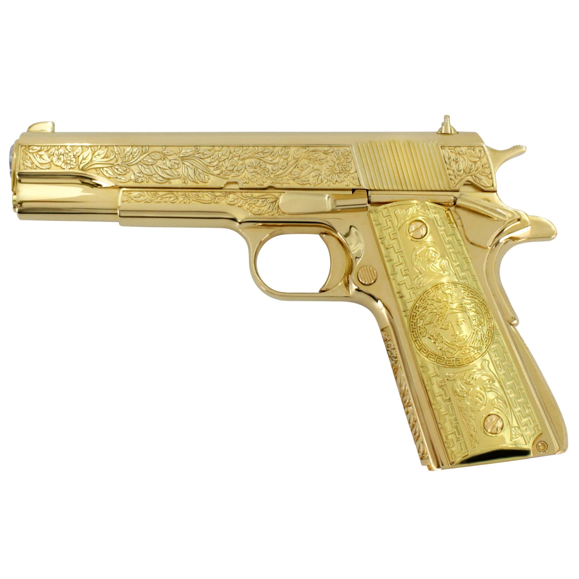 Springfield Armory, 1911 Mil-Spec, 45 ACP, Italian Renaissance, 24K All Gold Plated, SKU: 4375435116646, 24 karat gold gun, 24 Karat Gold Firearm, California compliant handguns