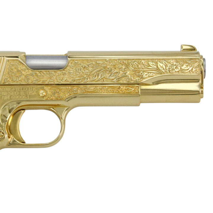 Springfield Armory, 1911 Mil-Spec, 45 ACP, Italian Renaissance, 24K All Gold Plated, SKU: 4375435116646, 24 karat gold gun, 24 Karat Gold Firearm, California compliant handguns