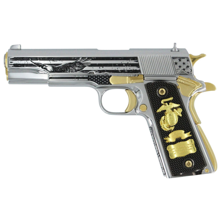 Springfield Armory, 1911 Mil-Spec, 45 ACP, Stars of Glory, High polished stainless steel with 24K Gold Accents, SKU: 6581748826214, 24 karat gold gun, 24 Karat Gold Firearm, California compliant handguns