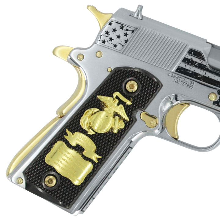 Springfield Armory, 1911 Mil-Spec, 45 ACP, Stars of Glory, High polished stainless steel with 24K Gold Accents, SKU: 6581748826214, 24 karat gold gun, 24 Karat Gold Firearm, California compliant handguns