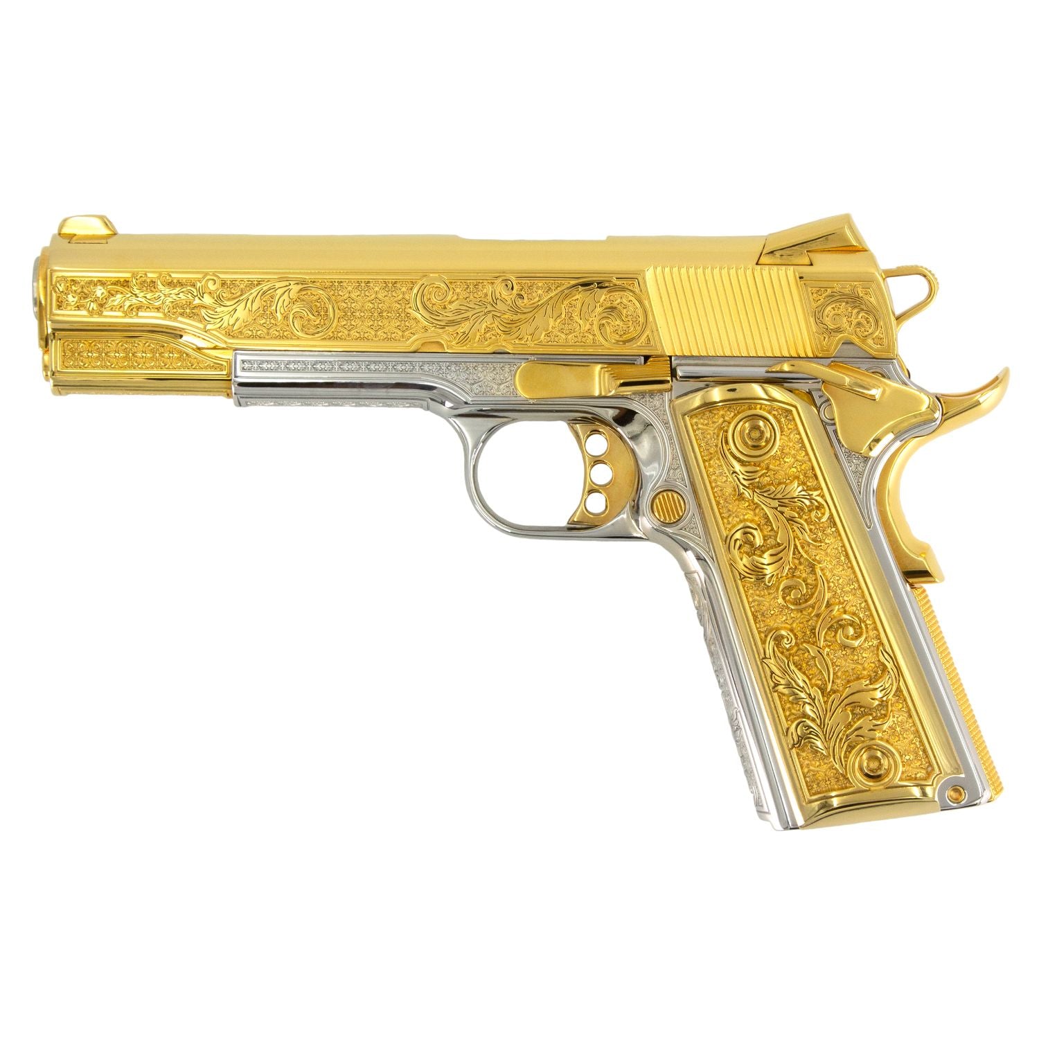 French Baroque Springfield 1911 Garrison 9mm White Chrome frame with 24 Karat Gold Slide and Accents
