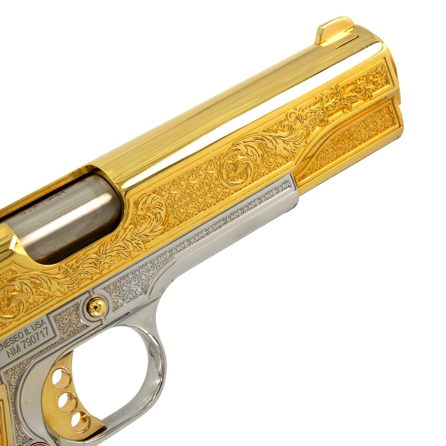 French Baroque Springfield 1911 Garrison 9mm White Chrome frame with 24 Karat Gold Slide and Accents