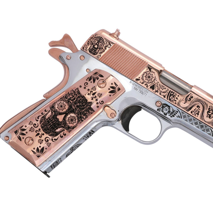 Springfield 1911 Mil-Spec .45 ACP Catrina 18 karat Rose Gold Pistol, SKU: 6966549938278, 18 karat  Rose gold gun, 18 Karat Gold Firearm, California compliant handguns