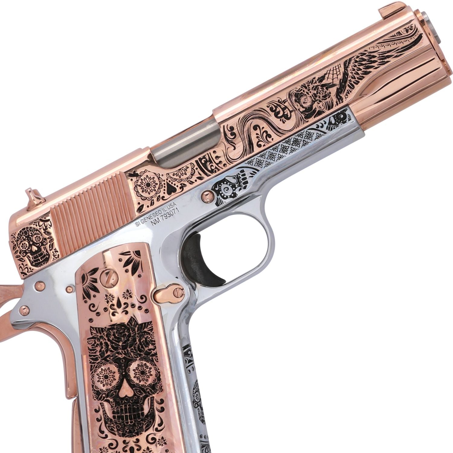 Springfield 1911 Mil-Spec .45 ACP Catrina 18 karat Rose Gold Pistol, SKU: 6966549938278, 18 karat  Rose gold gun, 18 Karat Gold Firearm, California compliant handguns