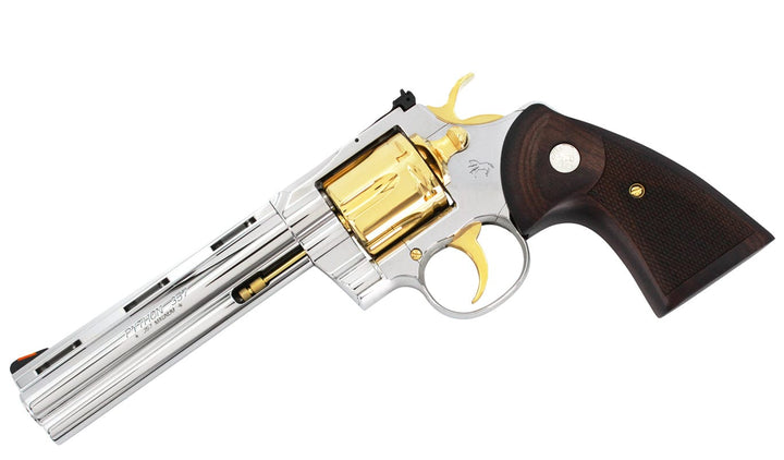 Colt Python, 6", .357 Magnum, High Polished Stainless Steel with 24 karat Gold Accents SKU: 6705468604518, Gold Gun, gold firearm, Gold Revolver 